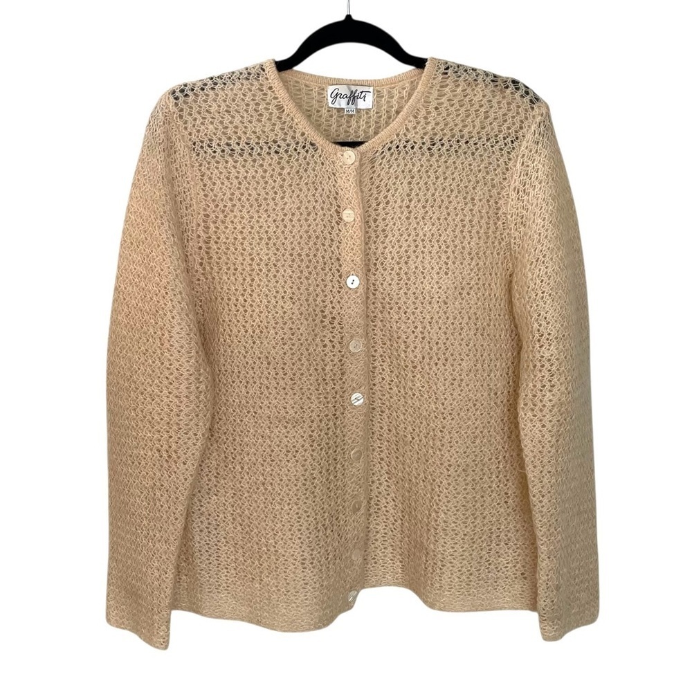 VINTAGE Grafitti Mohair Button Front Cardigan Sweater Cream M